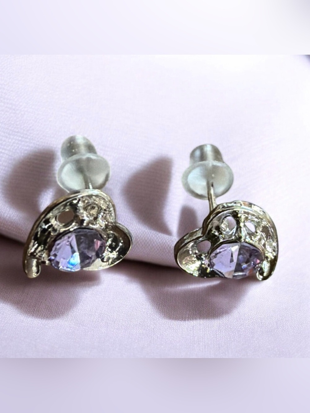 Silver Tone Heart Stud Earrings with Light Purple Gemstones